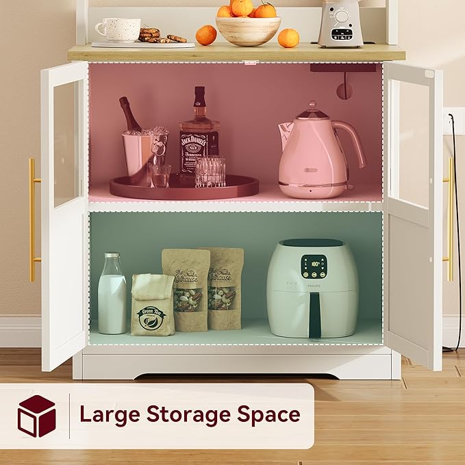 Garvee Farmhouse Bakers Rack with Glass Door, Microwave Stand with Power Outlets, Kitchen Hutch Pantry Cabinet, Kitchen Coffee Bar Cabinet for Spices, Dishes, and Pots, White