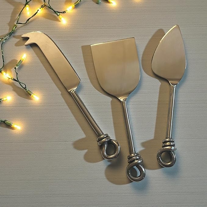 Cheese Knife Set of 3 Charcuterie Accessories w/Storage Bag/Hand-Crafted Cheese Knives with Knots Made of Stainless Steel/Dishwasher Safe/Cheeseboard Gift Set