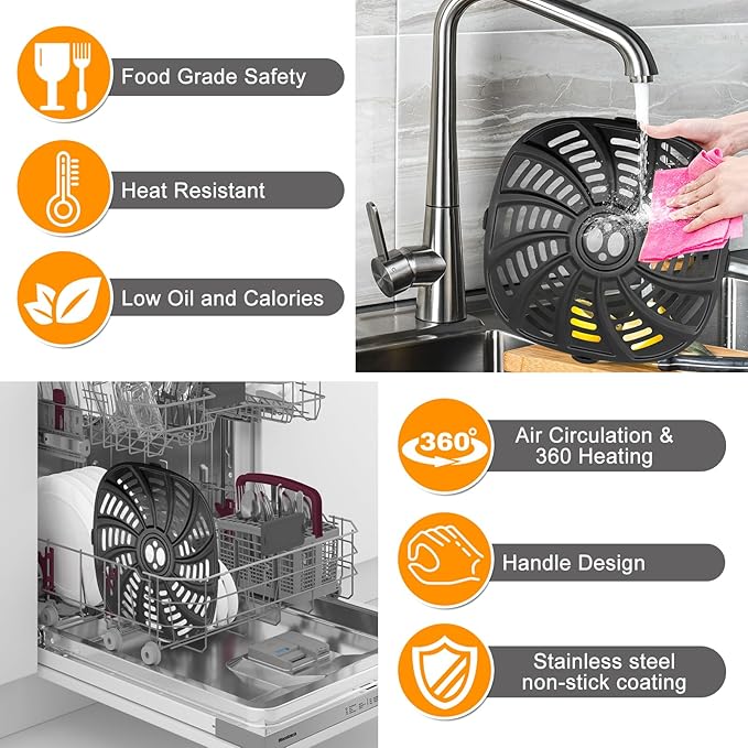 Air Fryer Replacement Parts for Gourmia 7QT GAF798 GAF716 Air Fryer, Food Grade Nonstick 8.97''*8.97'' Accessories Rack Tray Grill Pan Grill Plate Crisper Plate, Dishwasher Safe
