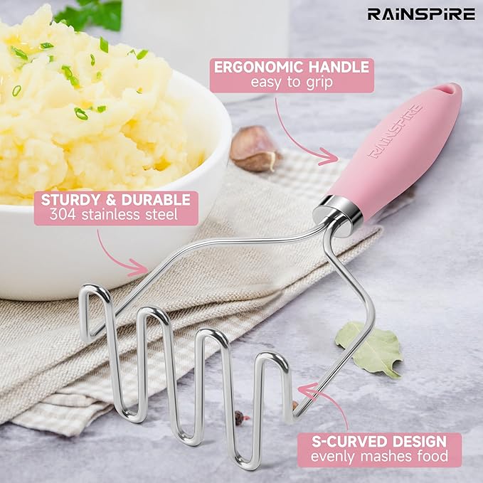 Rainspire Potato Masher Stainless Steel, Mashed Potato Masher Kitchen Tool, Durable Mash Potatoes Masher, Soft Non-slip Handle, Kitchen Utensils, Kitchen Gadgets, Pink