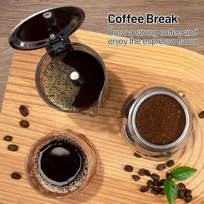 Vaolvpant 6 Cup Glass Clear Moka Pot Thickened 304 Stainless Steel Stovetop Espresso Maker Italian Coffee Machine 300ml 10.6oz Classic Mocha Cafe Greca Coffee Suitable for Gas Induction