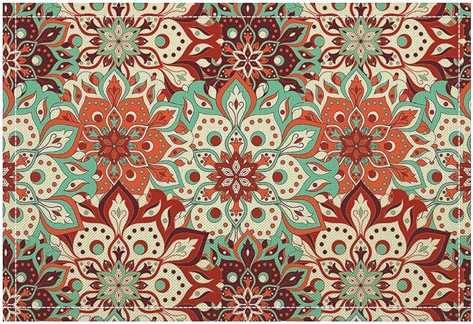 Mandala Placemats Set of 4 Vintage Bohemia Brown Turquoise Flower Art Printed Dining Table Mats for Restaurant Home Kitchen Holiday Picnic Party Decor 12x18in