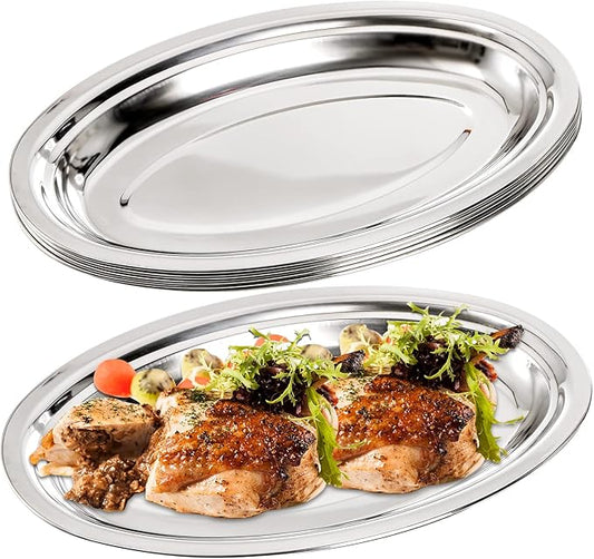 Suwimut 6 Pack Stainless Steel Oval Platter, Heavy Duty Mirror Polish Large Sizzling Platter Serving Tray Fish Plate for Steaming Fish Dessert Meat Sushi, 14-Inch by 8.7-Inch, Silver