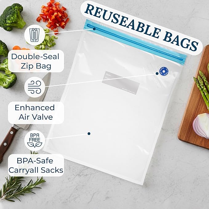 Food Vacuum Sealer Bags – 15 Pack Reusable Bags with Leakproof Zip Seal & Air Valve – Microwave, Freezer & Reusable Sous Vide (Large)