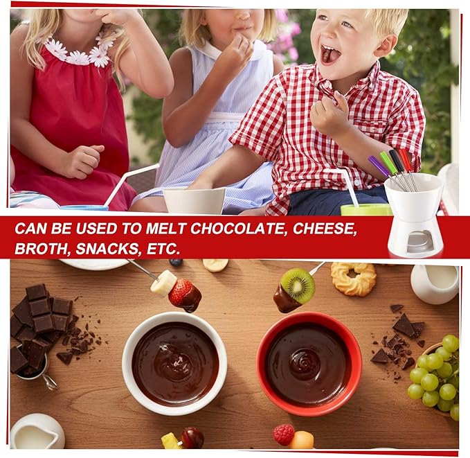 Mudder 8 Pcs Mini Fondue Pot Set with 32 Color Coded Forks Valentine's Individual Porcelain Tea Light Melting Mugs for Chocolate Cheese Dessert Small Fondue Pot for Tapas Gifting(Red White)
