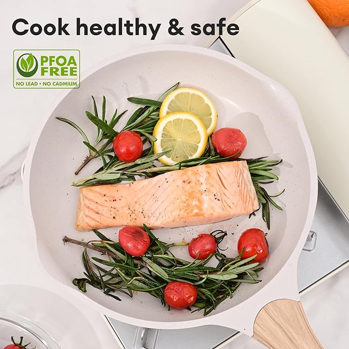 JEETEE 8 Inch Nonstick Frying Pan, Stone Coating Cookware, Nonstick Omelette Pan with Heat-Resistant Handle, Compatible with All Stoves (Beige)