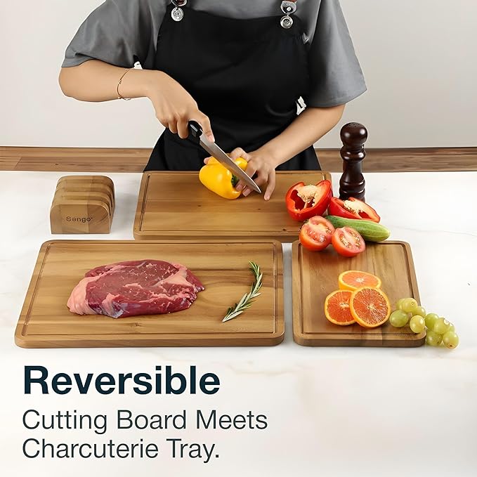 Sango Acacia Cutting Board Set with Juice Grooves and Stand, 3-Piece- Wood Chopping Boards, Stackable & Reversible for Kitchen, Non-Toxic, Perfect as Butcher Block Countertop, Atelier