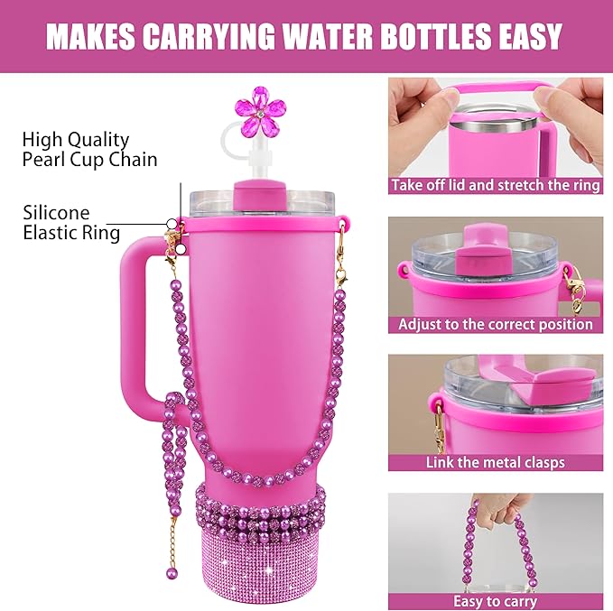 9PCS Fuchsia of Stanley Cup Accessories Set 30/40 OZ Bling Pearl Rhinestones Charms for Stanley Decorations Tumbler Accessories Including Flower Straw Topper, Rhinestones Boot 30/40 OZ