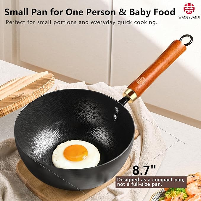 WANGYUANJI Carbon Steel Wok with Lid, 8.7" Small Mini Wok Pan, Thickened Heavy Duty Flat Bottom for Deep Frying, Camping & Solo Meals, Induction Ready, Seasoning Required, Traditional Pow Skillet