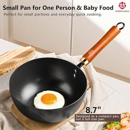 WANGYUANJI Carbon Steel Wok with Lid, 8.7" Small Mini Wok Pan, Thickened Heavy Duty Flat Bottom for Deep Frying, Camping & Solo Meals, Induction Ready, Seasoning Required, Traditional Pow Skillet