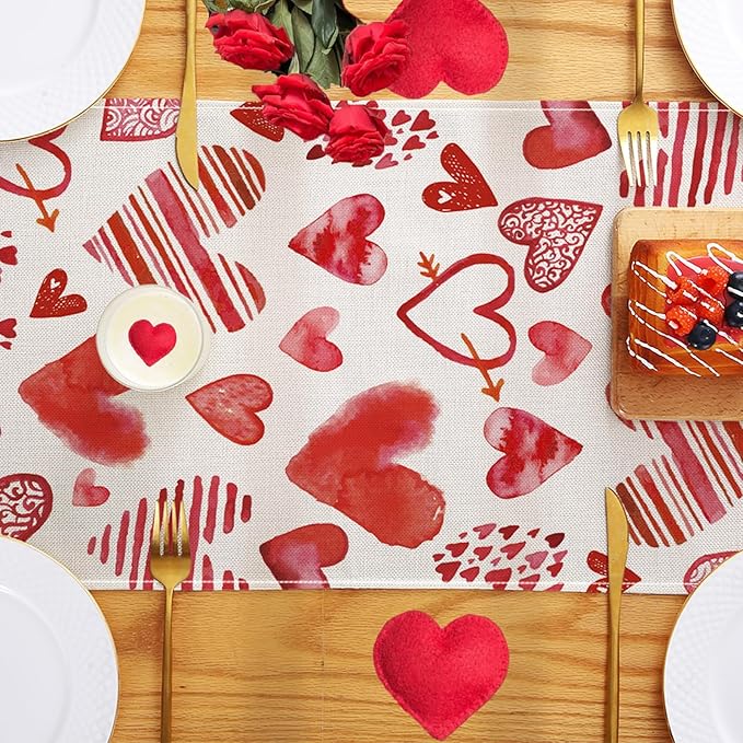 Valentine's Day Table Runner Decorations, Linen Red Table Scarf for Home Kitchen Dining Table Decoration Valentine Party Heart Shaped Decor Holiday Farmhouse Rustic Table Runner（13 x 72 Inch）
