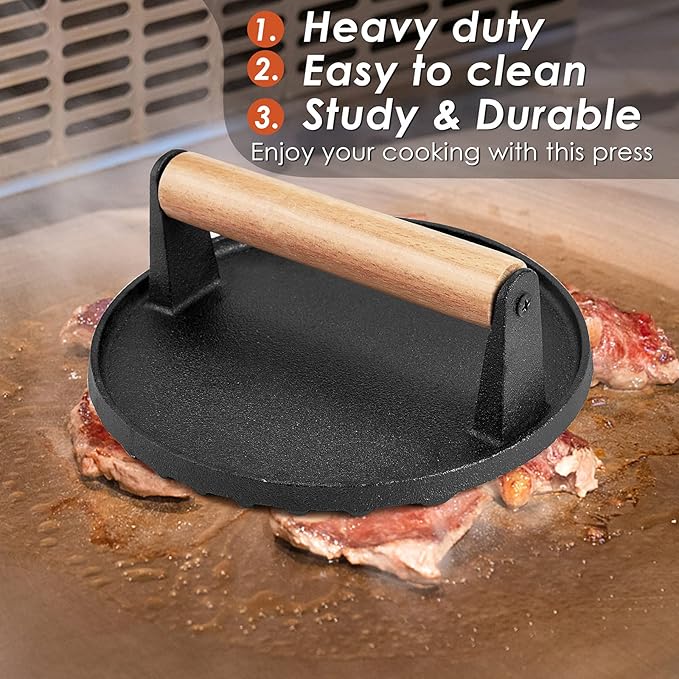 HaSteeL Single Cast Iron Grill Press, Heavy Duty 7In Bacon Burger Press with Wooden Handle, Pre-Seasoned Steak Press Great for Flat Top Griddle Teppanyaki BBQ Grilling Cooking Indoor & Outdoor