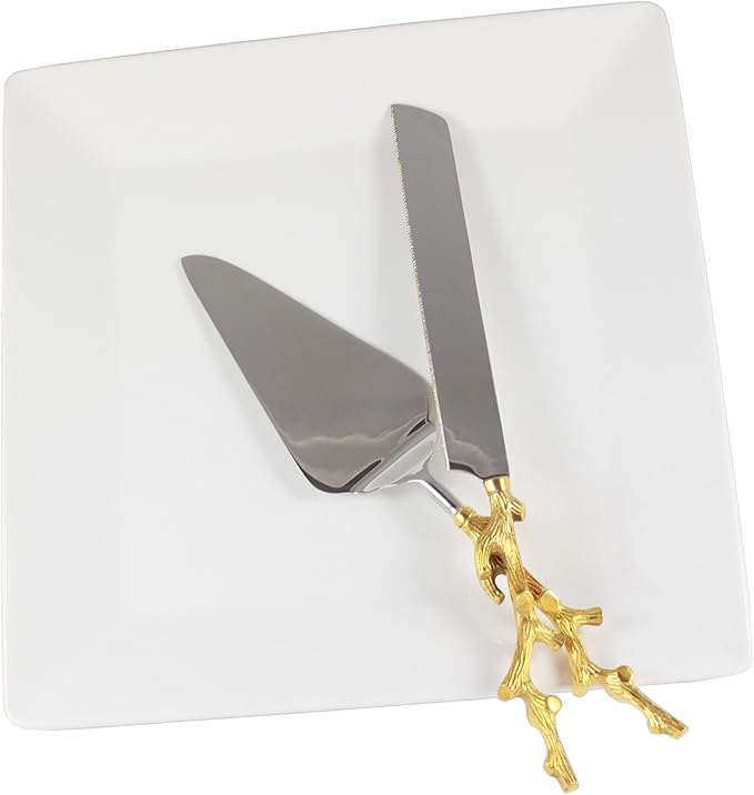 RS Accessories LLC Server Set, Cake, Pie, Desert Flatware Set, Tree Branch Design, 2-Piece 18/10 Stainless Steel with Brass Handles (Light Antique Gold Finish)…