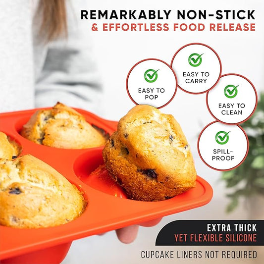 BAKE BOSS [2 PACK] Jumbo Muffin Pan, 3.5" Large Muffin Pan 6 Cup - Silicone Jumbo Muffin Tin for Baking BPA Free Non Stick - RED