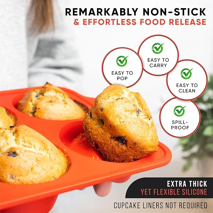 BAKE BOSS [2 PACK] Jumbo Muffin Pan, 3.5" Large Muffin Pan 6 Cup - Silicone Jumbo Muffin Tin for Baking BPA Free Non Stick - RED
