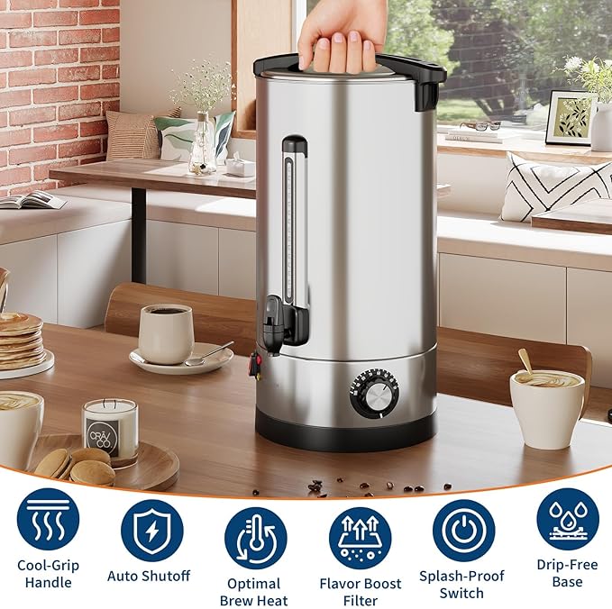 Garvee 70 Cups Commercial Coffee Urn, 10 L/2.6 gal Large Capacity Stainless Steel Hot Coffee Maker, Double Wall Heat Retention Thermal Carafe for Wedding, Buffet, Catering, Events, Party Gathering