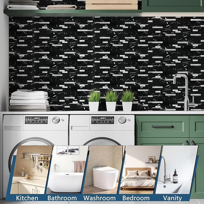 Yipscazo 10 Sheets Peel and Stick Stone Metal Backsplash Tiles, PVC Wall Tiles Stick on Backsplash for Kitchen, Bathroom (6'' X 12'', Black Rock)
