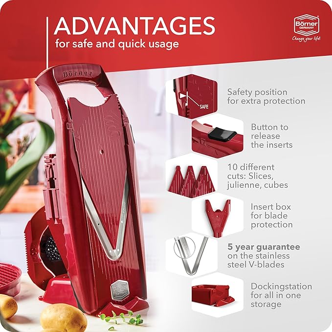 Börner Mandoline Slicer V5 (Professional Set) • Adjustable Vegetable Slicer (7-piece) • 10 Cutting Styles • Kitchen Slicer incl. Docking Station • Stainless Steel V-Blade • Color: Red