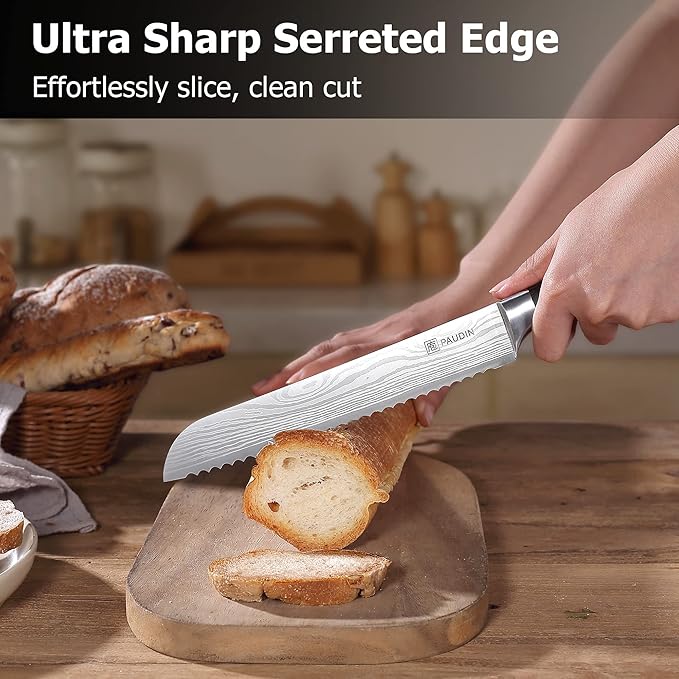 PAUDIN Bread Knife 8", Ultra Sharp Wave Edge - Forged Premium German HC Stainless Steel, Serrated Bread Knife for Homemade Bread and Sourdough Bread, Pakkawood Handle
