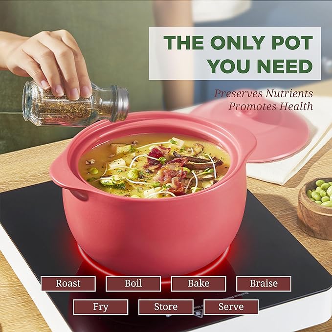 MINH LONG 3-Qt Porcelain Dutch Oven with Lid – Lead & Cadmium Free, Oven Safe to 482°F, Heat Retention, Clay Pot for Cooking on Gas & Infrared Cooktop, Use to Marinate, Cook, Bake, Refrigerate & Serve