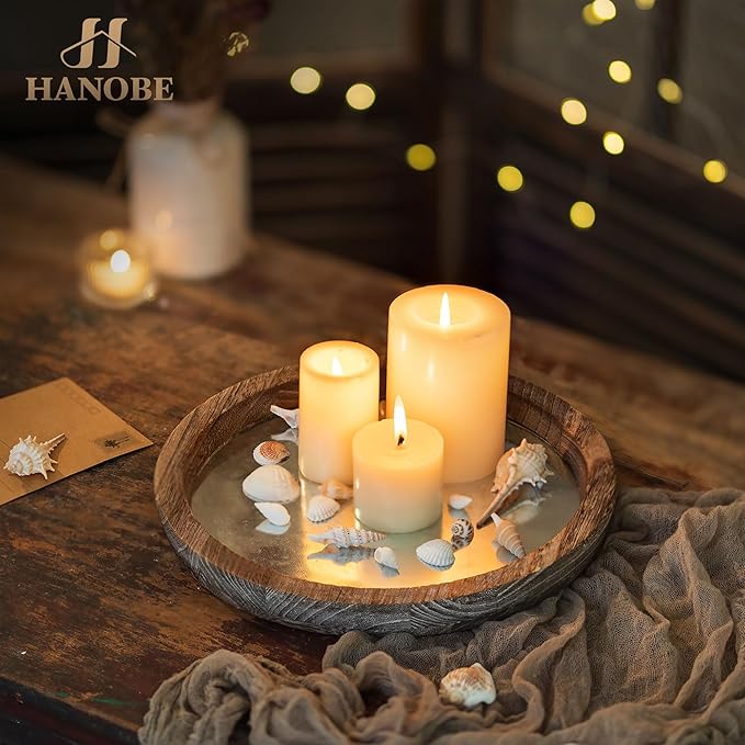 Hanobe Candle Plate Holder Tray: Round Wooden Decorative Mirror Candle Plate Small Farmhouse Table Centerpiece Rustic Tealight Pillar Trays for Christmas Wedding Halloween Home Decor