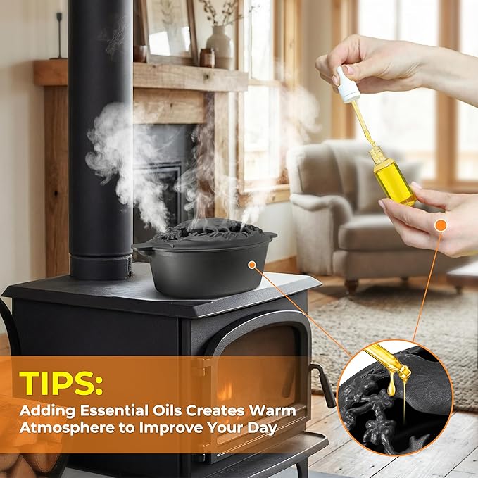 Wood Stove Steamer with Upgraded Handle, 2.5 Quart Wood Stove Humidifier with Decorative Chicken Pattern, Cast Iron with Porcelain, Fireplace Steamer Pot Steam Vaporizers