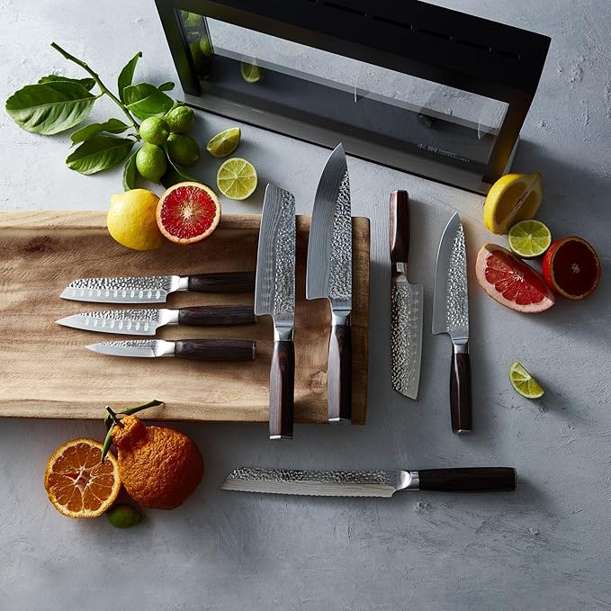 Cuisine::pro Damashiro Emperor Knife Block (Hisa, 9 Piece Set) Premium Japanese Steel Chef Knife Set with Tempered Glass Display, Hammered Tsuchime Blade, Damascus-Inspired Pattern