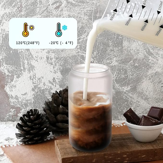 Sublimation Glass Blanks with Bamboo Lid 4pc Set, 16oz Frosted Glass Cups with Lids and Straws, Beer Can Glass Tumblers, Iced Coffee Soda Drinks Beer Cups