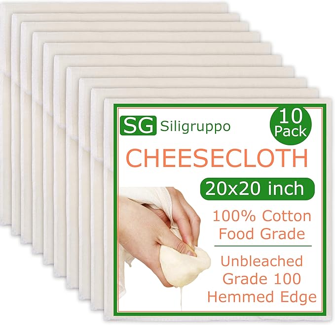 10-Pack Hemmed Cheesecloths - 20"X20" Reusable Unbleached Cotton For Cheese Making, Nut Milk, Yogurt Straining & Crafts. Food-Grade, Pre-Cut With Reinforced Edges