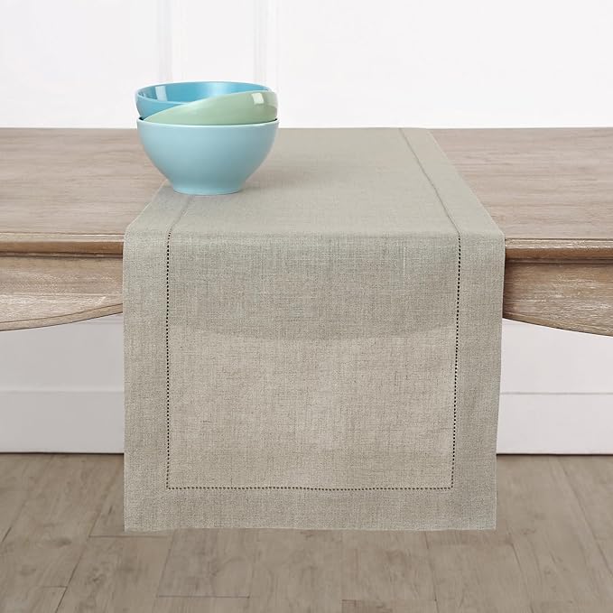 Solino Home Linen Natural Table Runner 144 Inches Long - 100% Pure Linen Extra Long Table Runner 14 x 144 Inch for Spring, Easter - Classic Hemstitch