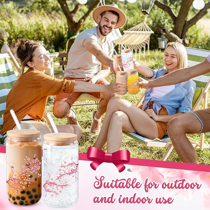 Sliner 2 Pcs Cherry Blossom Glass Cups Floral Drinking Glasses Sakura Iced Coffee Tumbler with Lid Straw Cleaning Brush 16 oz Beer Can Tumbler Holiday Gifts for Home Office Decorations