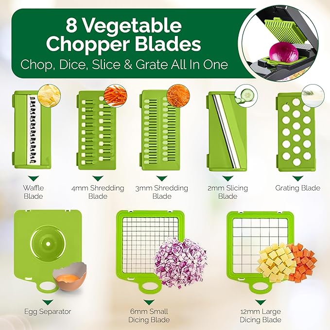 Vegetable Chopper Mandoline Slicer for Kitchen with 8 Interchangeable Blades – Meal Prep Veggie Chopper with Container, Peeler – Safe and Durable Food Chopper Vegetable Slicer, Gray