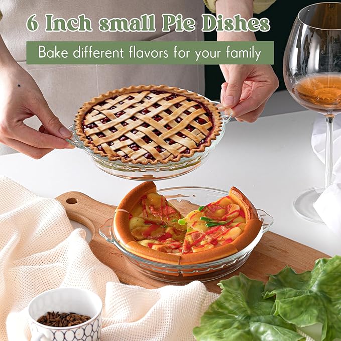 Uiifan 2 Packs 6 Inches Mini Glass Pie Pan for Baking 11.6 oz Clear Pie Plate with Handles Round Glass Dish for Baking and Serving, Snacks, Salads, Desserts