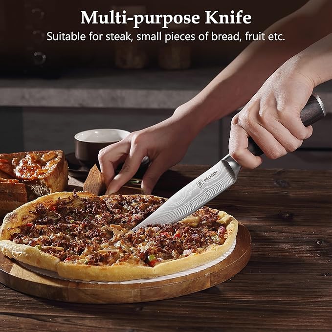 PAUDIN Steak Knives Set of 6, Ultra Sharp Steak Knives 5.25 inch, High Carbon Stainless Steel Steak Knife Set, Serrated Steak Knife with Pakkawood Handle for Steak House Restaurant