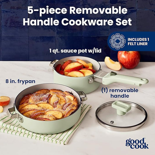 GoodCook Ceramic Cookware Set 5-Piece with Removable Handle, Induction Compatible, Nonstick and Oven Safe with 8-Inch Frypan, Sage Green