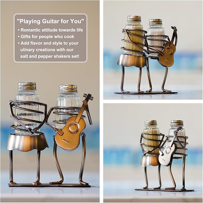Funny Salt And Pepper Shakers Set Novelty - Two Glass Shakers With Lids, Guitar Couples Holder Caddy For Spices And Seasonings, For Kitchen, Dining Or Table Decor (guitar couples)