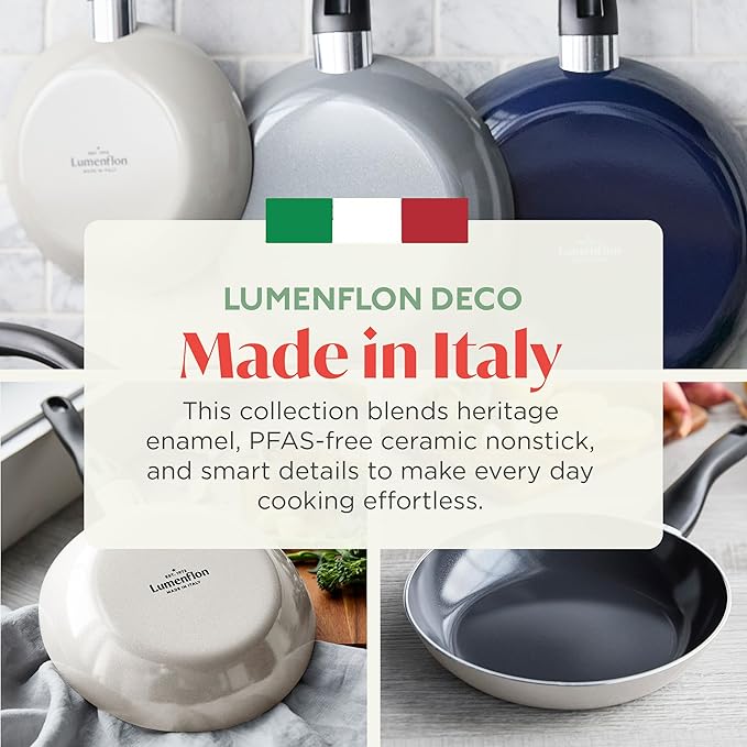 Lumenflon Deco 9.5” Nonstick Frying Pan Skillet, Made in Italy, Diamond Ceramic PFAS-Free, Dishwasher & Metal Utensil Safe, Durable Gloss Enamel Finish, Stay-Cool Handle, High Walls-Extra Room, Taupe