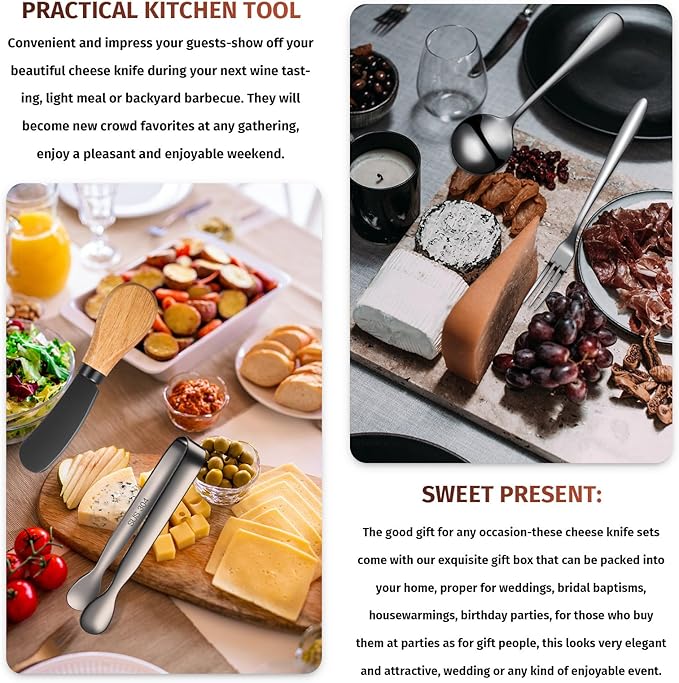Cheese Butter Spreader Knives Set Charcuterie Accessories Stainless Steel Spreader Knives with Wooden Handles Charcuterie Boards Utensils Mini Serving Tongs Spoons and Forks (Black,14 Pieces)