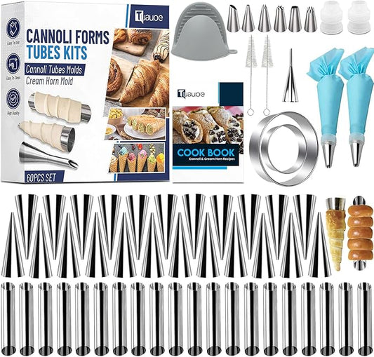 Cream Horn Molds for Baking, 60pcs Cannoli Tubes Molds, Non-stick Stainless Steel 23pcs Cone Shaped and 20pcs Tubular Shaped Cannoli Forms for Danish Pastry Lady Lock Form Cream Roll Croissant