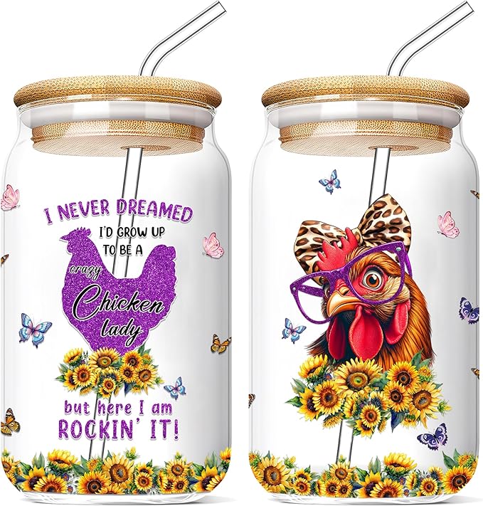 Chicken Gifts for Women 16 Oz Glass Cup with Lid and Straw Chickens Lady Coffee Mug Farm Animal Drinking Cups Mothers Day Birthday Christmas Gift Ideas for Farmer Mom Aunt Friends