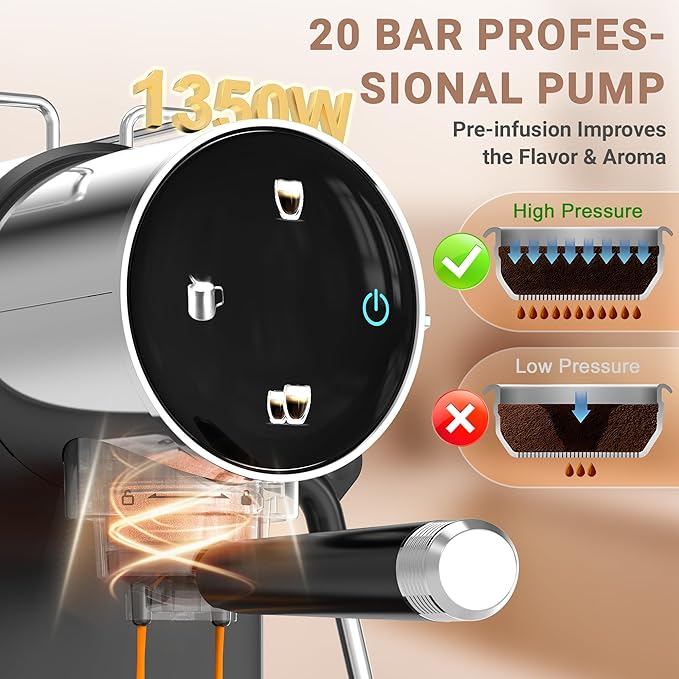 Ollygrin 20 Bar Espresso Machine, Adjustable Espresso Machine with Milk Frother, Compact Espresso Maker with Touch Panel, Removable Water Tank & Drip Tray, Cup Warmer, Pre-Infusion for Rich Crema