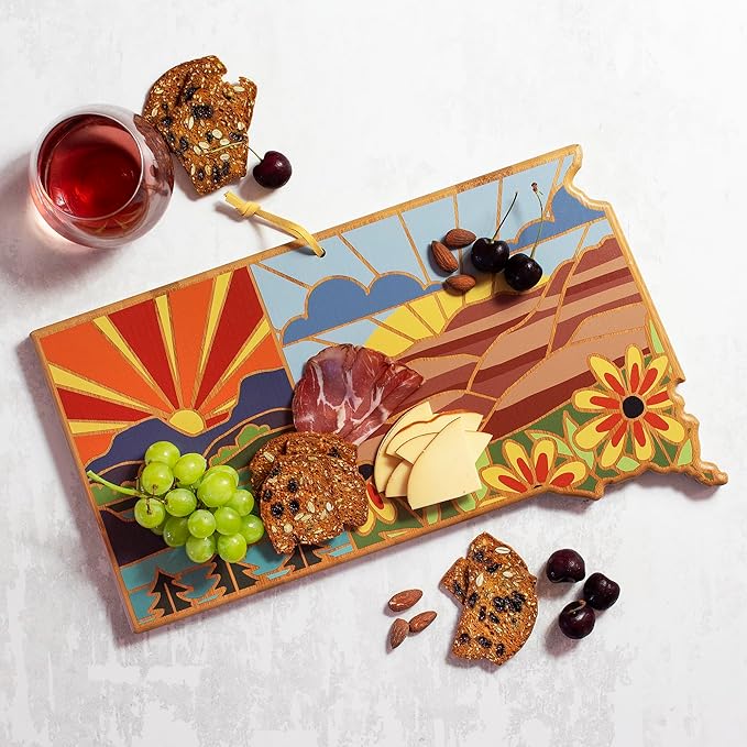 Totally Bamboo South Dakota State Shaped Cutting Board and Charcuterie Serving Platter with Artwork by Summer Stokes, Includes Hang Tie for Wall Display
