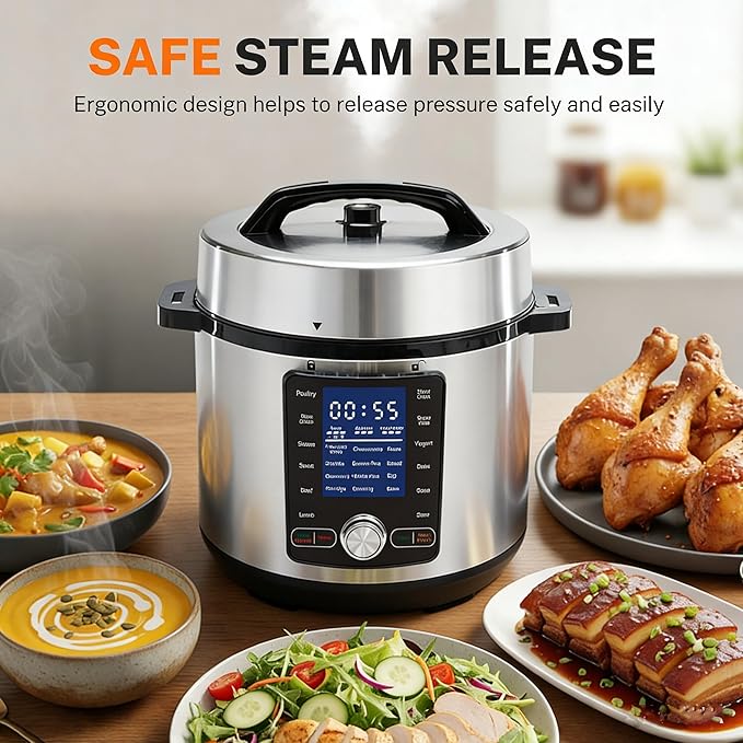Simple Deluxe Electric Pressure Cooker 8.5 Quart, 24-in-1 Stainless Steel & Non-Stick Multi Cooker for Slow Cooking, Yogurt, Steam, Rice, Poultry, Beef, Bake, Porridge, Dishwasher Safe, Silver