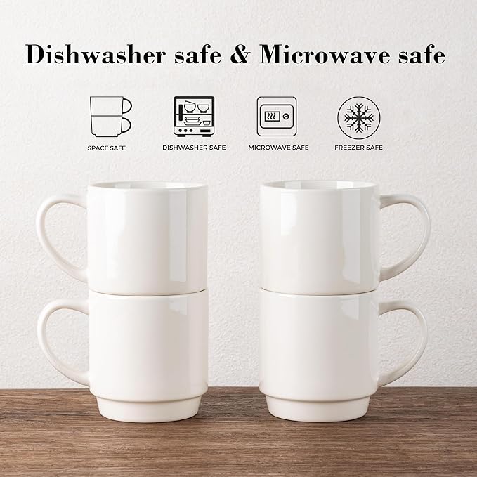 GBHOME 11OZ Stackable Coffee Mugs, Ceramic Coffee Mugs Set of 6 for Man,Woman,Dad,Mom, Porcelain Coffee Mugs for Latte/Cappuccino/Cocoa. Dishwasher&Microwave Safe, Off White