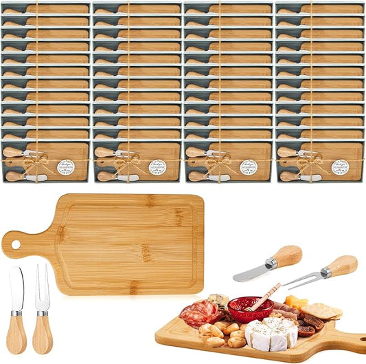 Ziliny 70 Set Bridal Baby Shower Cheese Prizes Wooden Square Board Gift Set Knives Forks Thank You Tags with Box for Guests for Valentines Bridal Baby Shower Housewarming Gifts (Bamboo Color)