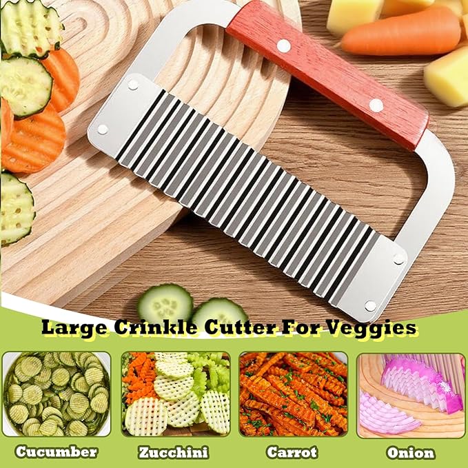 FANTEXY Extra Large Crinkle Cutter - French Fry Cutter, Waffle fry Chopper for Carrots And Potatoes, Wavy Crinkle Cutting Knife with Wood Handle for Professional Kitchens for Fruit