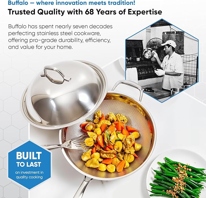 BUFFALO Honeycomb 3ply Stainless Steel Wok Pan 11 inch/28cm with Lid Flat Bottom - Coating-Free Non-stick Stir Fry Pan - Advanced, Scratch-Resistant Design with Stay-Cool Long Handle