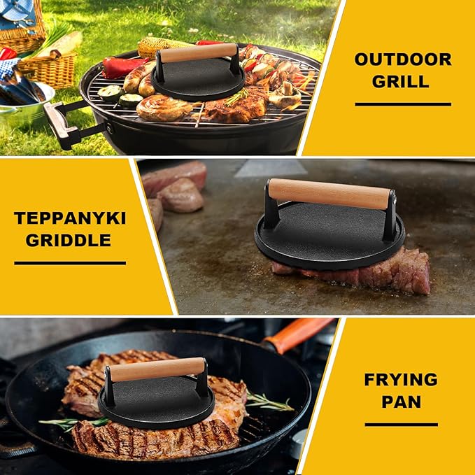 AIVIKI Burger Press, Smash Burger Press for Blackstone Griddle, Heavy Duty Cast Iron Round 6.9In Bacon Grill Press with Wood Handle, Meat Steak Weight for Sandwich, Paninis (Round)