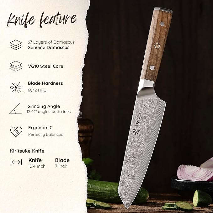 Wakoli Oribu Kiritsuke Chef's Knife – Full Tang Kitchen Knife | 7-Inch Blade Made of 67-Layer Damascus Steel with AUS-10 Core | Ergonomic Olive Wood Handle | Premium Quality, Gift Box Included