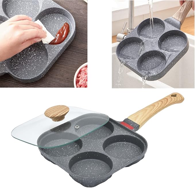 MIHUNTER 4-Cup Aluminum Nonstick Egg Pan with Lid, Suitable for Gas Stove & Induction Cookware